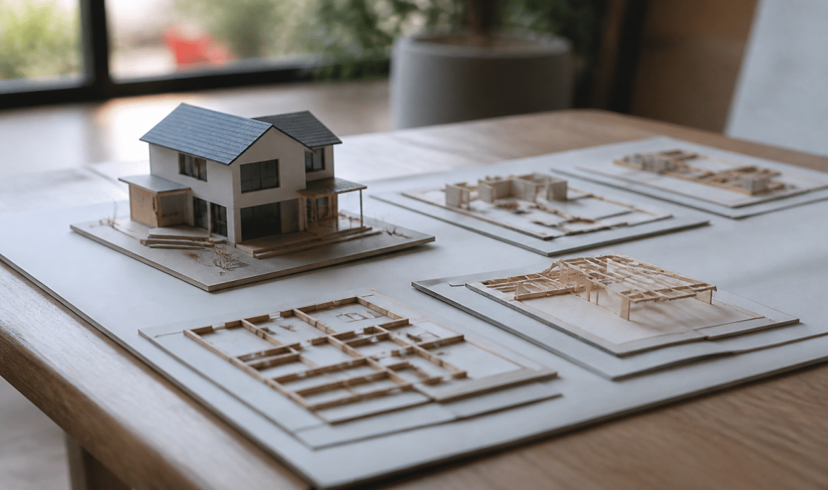 Maquette maison posee sur plans etapes construction ordonnees