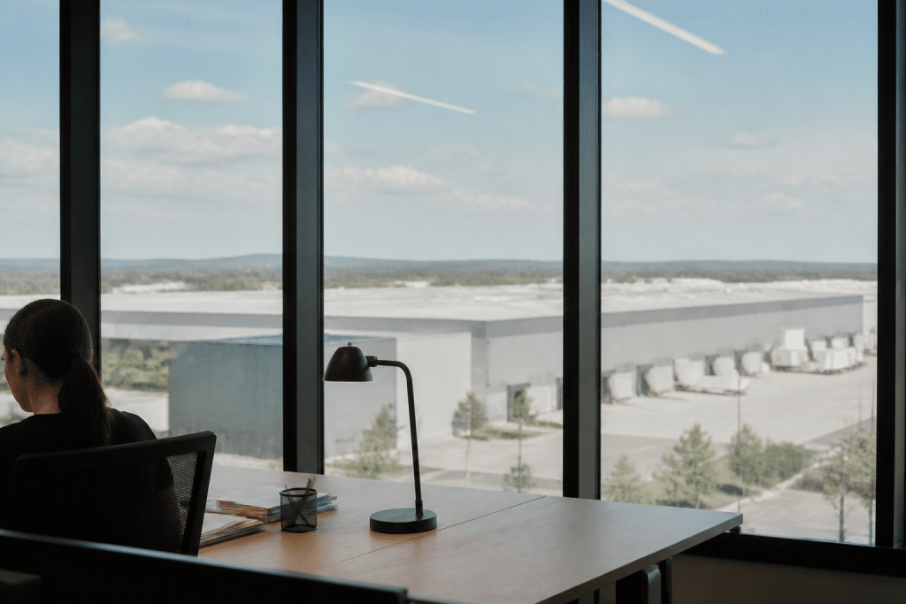 Bureaux modernes en centre-ville avec entrepôt logistique périurbain visible