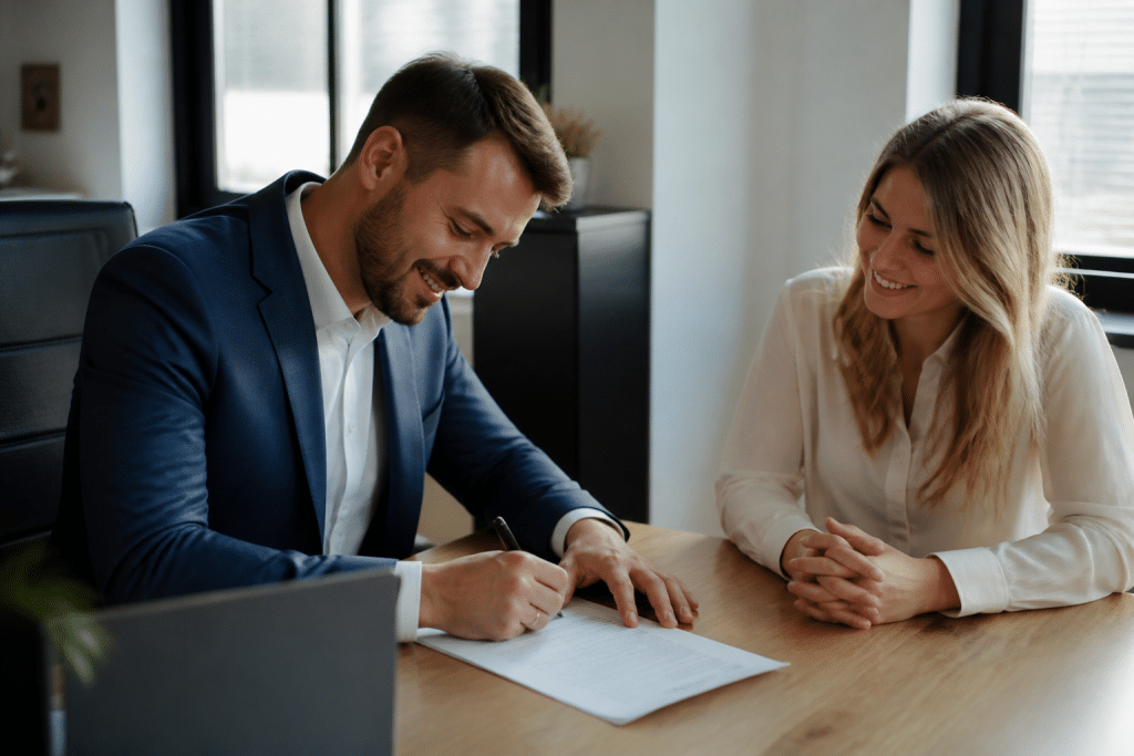 Agent immobilier signant documents bureau avec client souriant