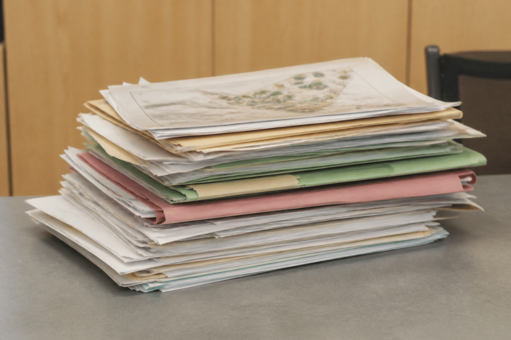 Dossier administratif avec documents de modification urbaine empilés
