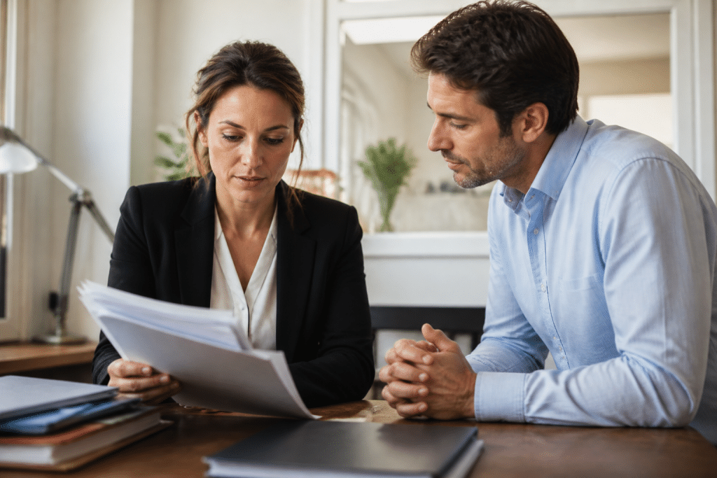 Notaire consultant documents immobiliers avec client assis