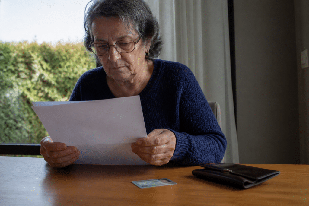 Personne lisant document notarié avec carte mobilité inclusion visible