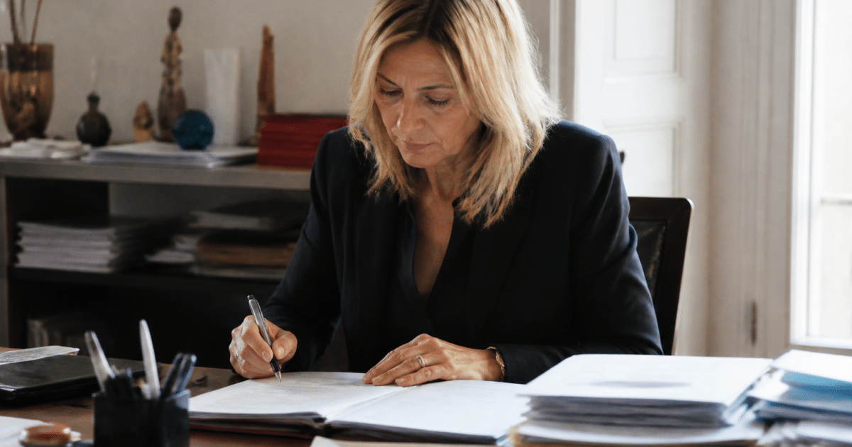 Notaire examinant documents immobiliers sur bureau avec stylo