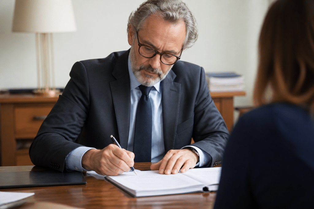 Notaire signant document immobilier avec stylo noir