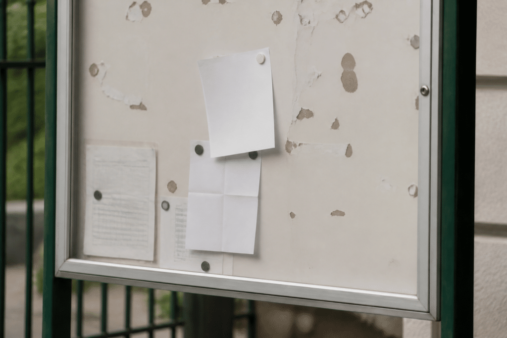 Panneau d'affichage incomplet avec amende et documents officiels
