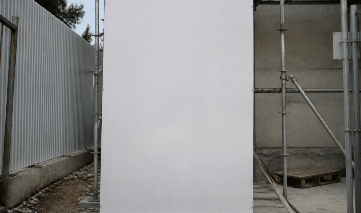 Grand panneau blanc affiche verticalement sur chantier construction