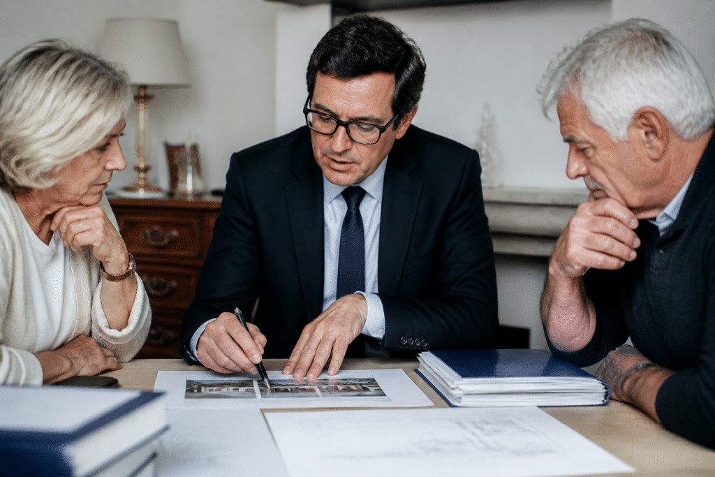 Notaire calculant partage immobilier avec documents familiaux