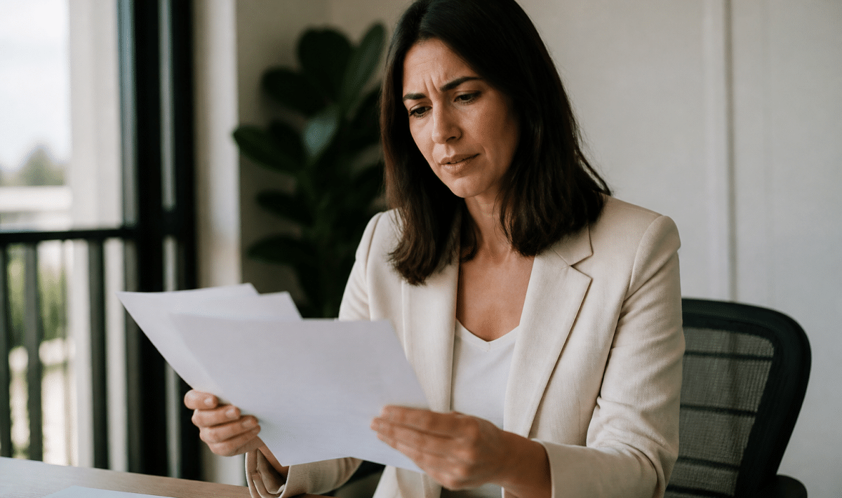 Agent immobilier tenant des documents contractuels complexes, fronçant les sourcils