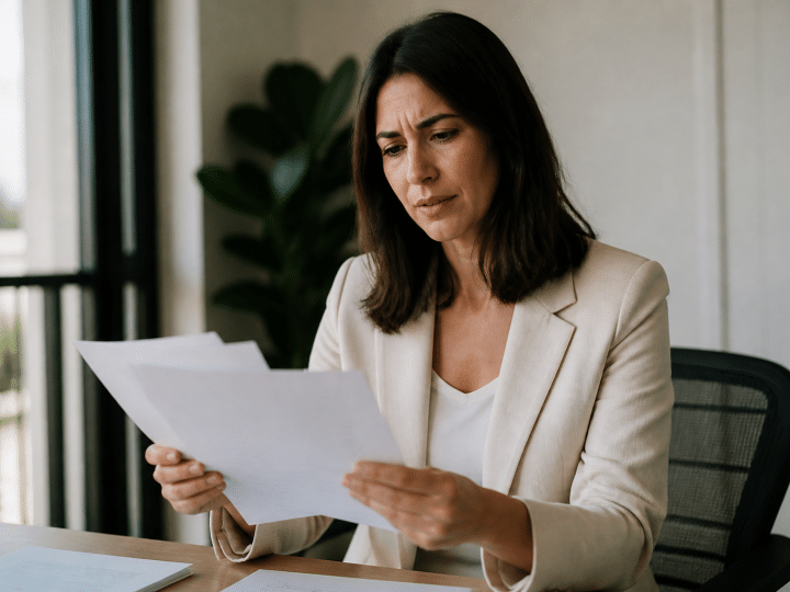 Agent immobilier tenant des documents contractuels complexes, fronçant les sourcils