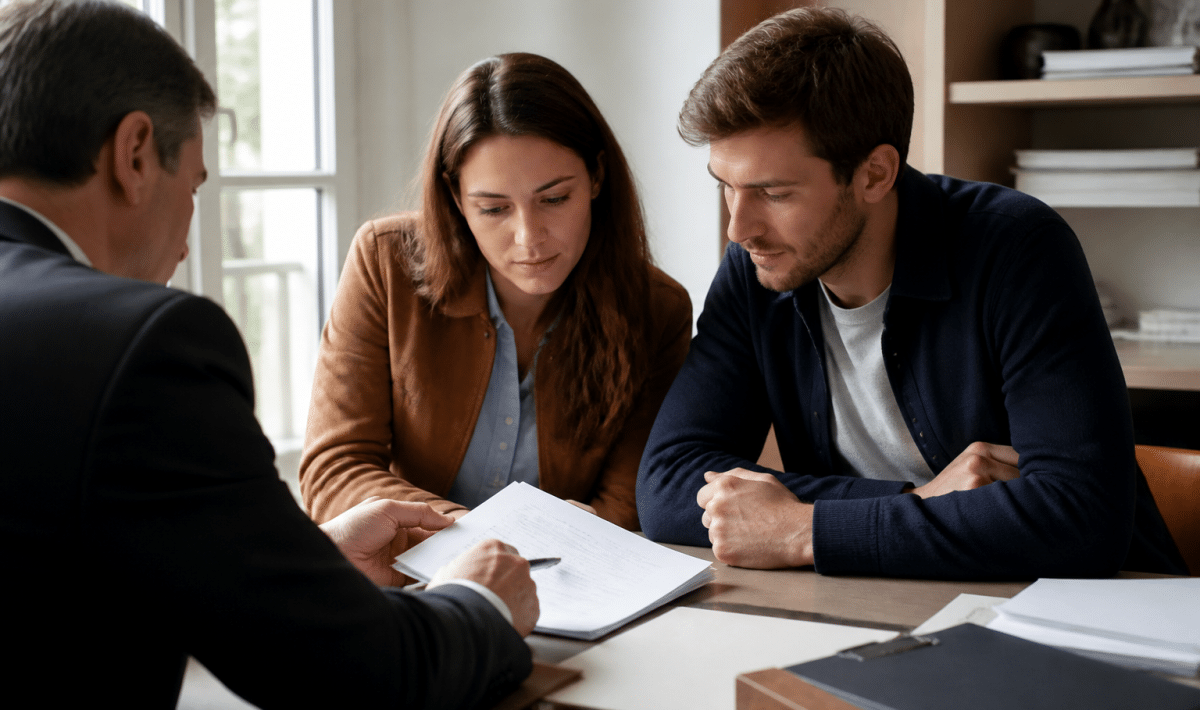 Couple signant documents immobiliers assis face notaire bureau
