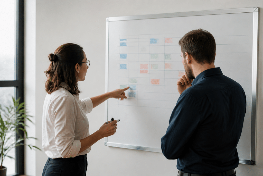 Deux professionnels discutent devant tableau comparatif carrières