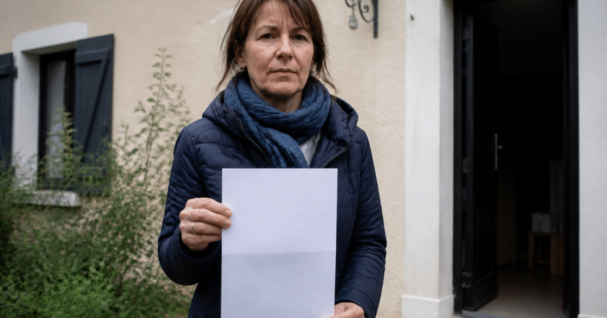 Femme tenant document officiel devant facade maison