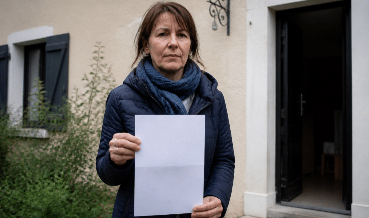 Femme tenant document officiel devant facade maison