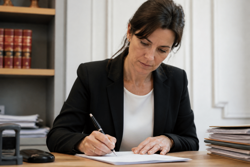 Notaire signant document immobilier avec stylo noir