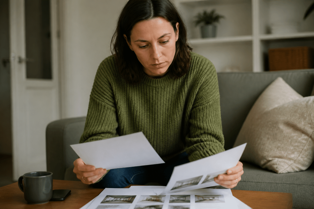 Locataire examinant documents loyer avec photos appartement