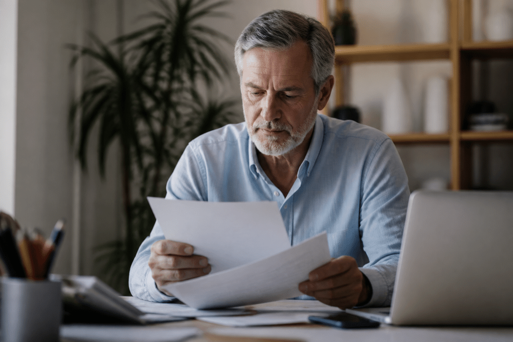 Personne mature consultant documents immobiliers à son bureau