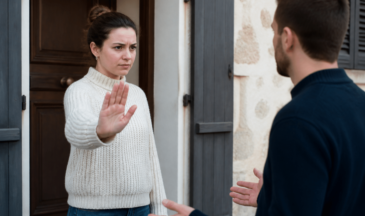 Deux personnes face a face devant maison, geste refus main levee