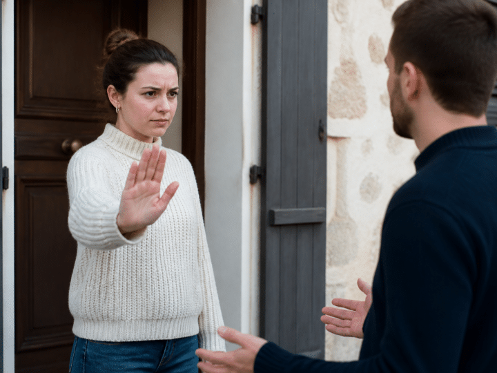 Deux personnes face a face devant maison, geste refus main levee