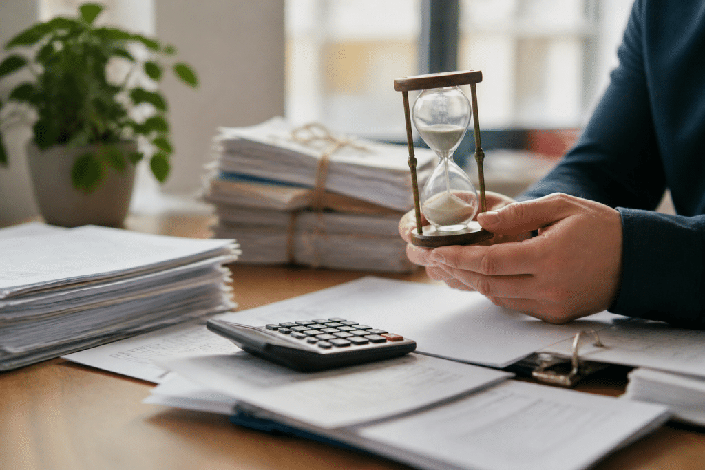 Document fiscal avec calendrier vingt ans et symboles TVA