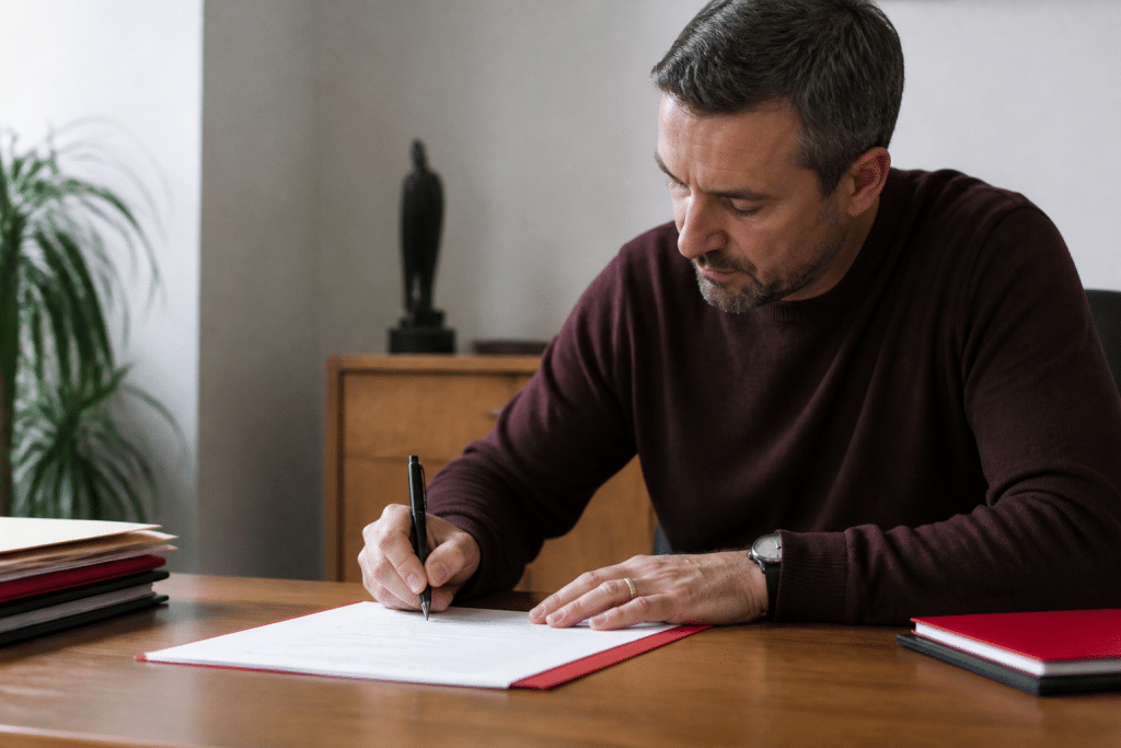 Locataire signant document résiliation bail commercial rouge