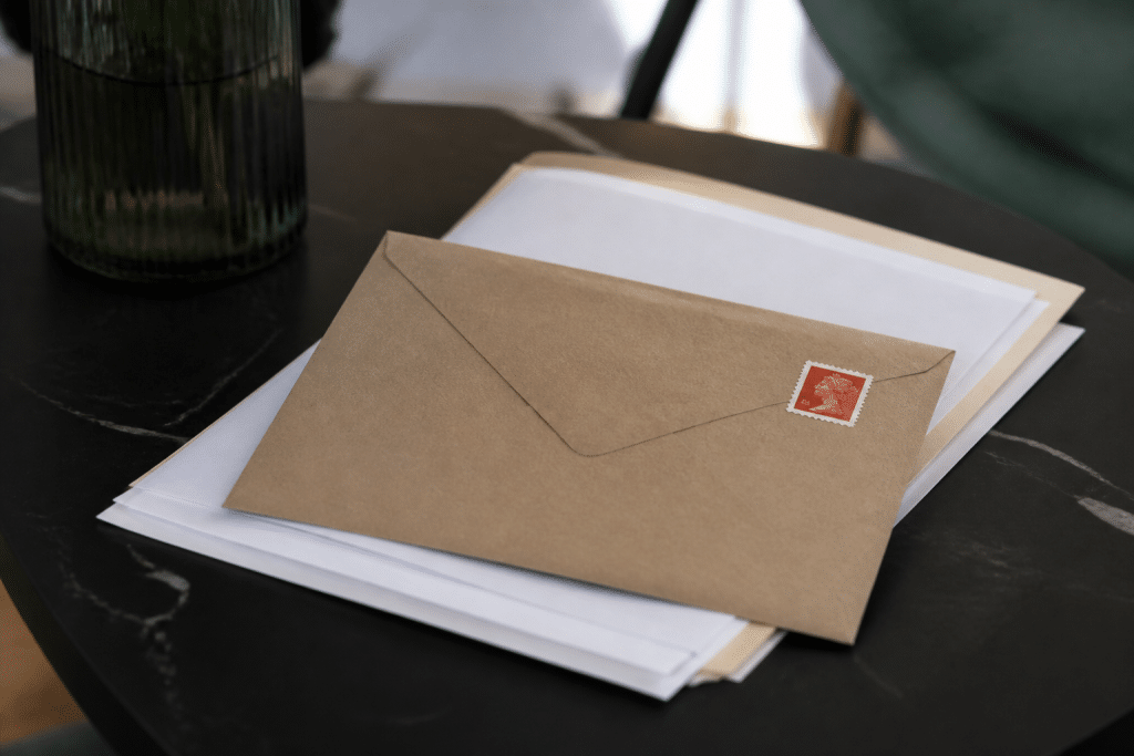 Enveloppe recommandée timbrée posée sur documents de location.