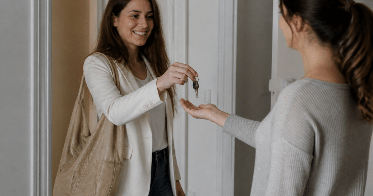 Proprietaire remettant cles appartement locataire debout