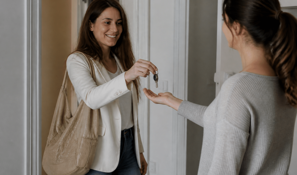 Proprietaire remettant cles appartement locataire debout