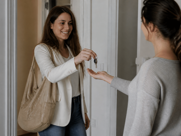 Proprietaire remettant cles appartement locataire debout