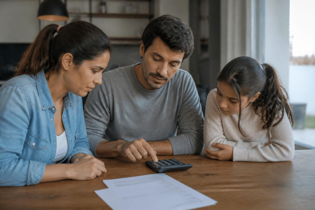 Famille signant documents location meublee avec calculatrice