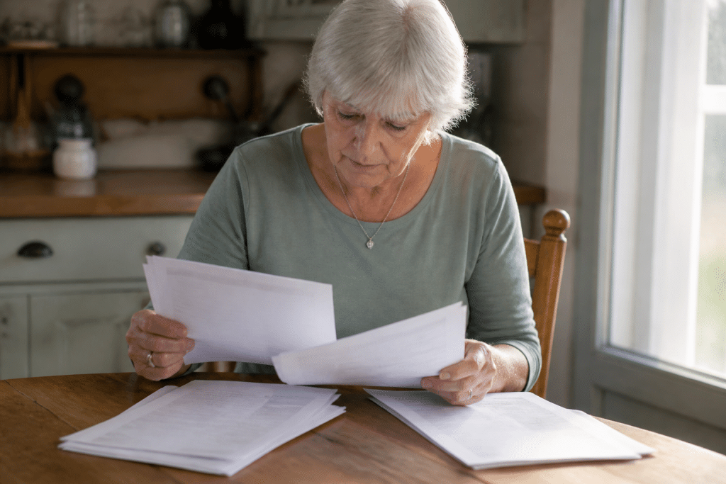 Personne agee comparant devis assurance sur documents papier