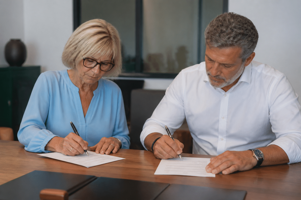 Deux personnes signant document officiel à bureau notaire