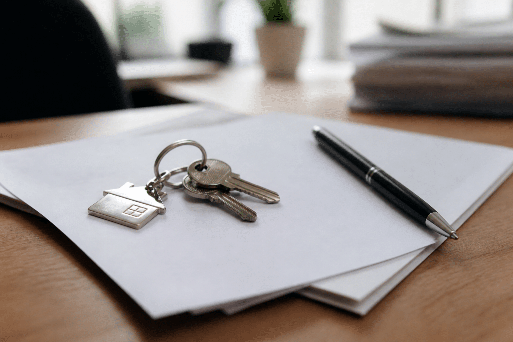 Documents immobiliers avec clés et stylo sur bureau