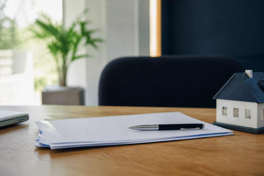 Documents contractuels et stylo sur bureau professionnel immobilier