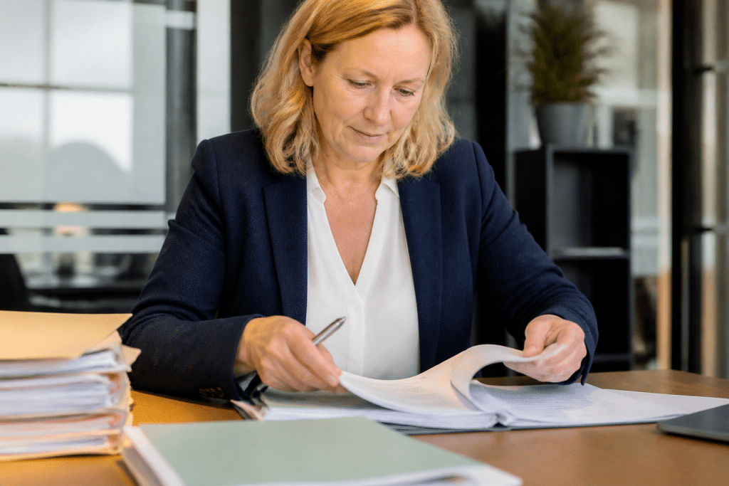 Notaire consultant dossier juridique avec documents signés