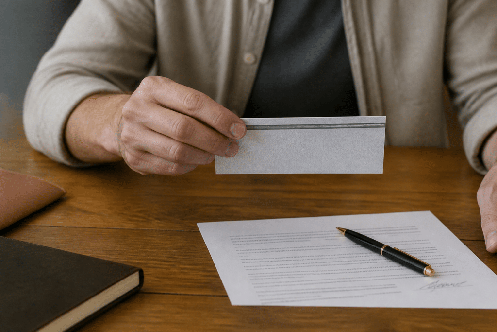 Main tenant un cheque pres d'un contrat immobilier signe
