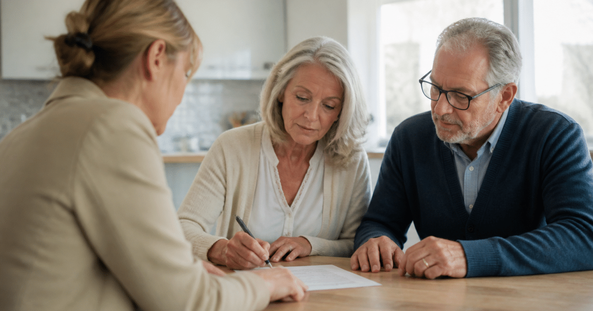 Couple age avance signant document avec agent immobilier