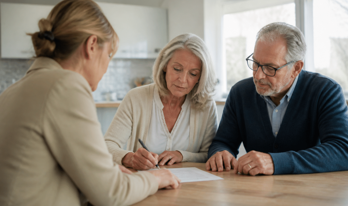 Couple age avance signant document avec agent immobilier