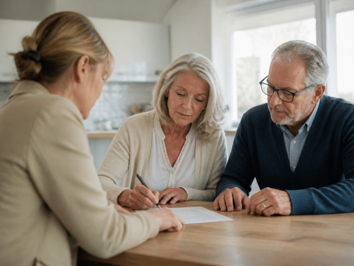 Couple age avance signant document avec agent immobilier