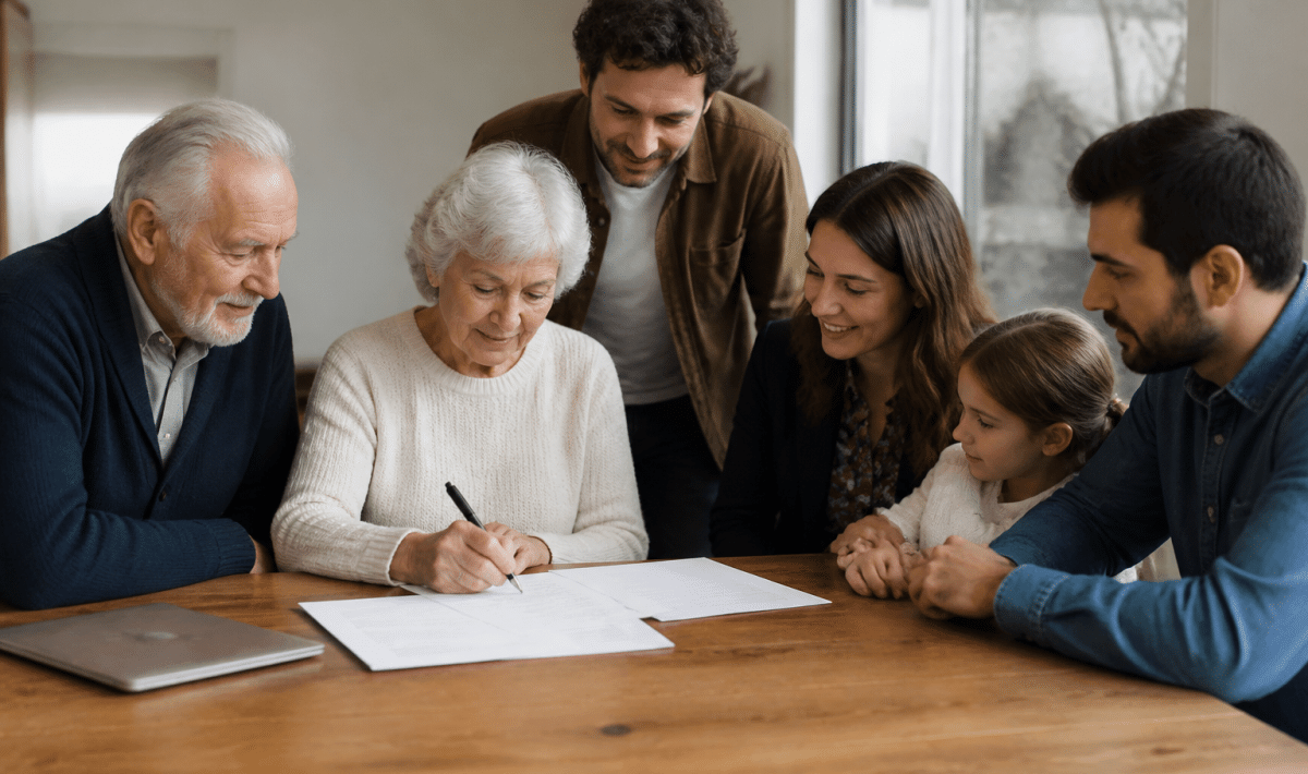 Famille multigenerationnelle assise autour table signant documents immobiliers