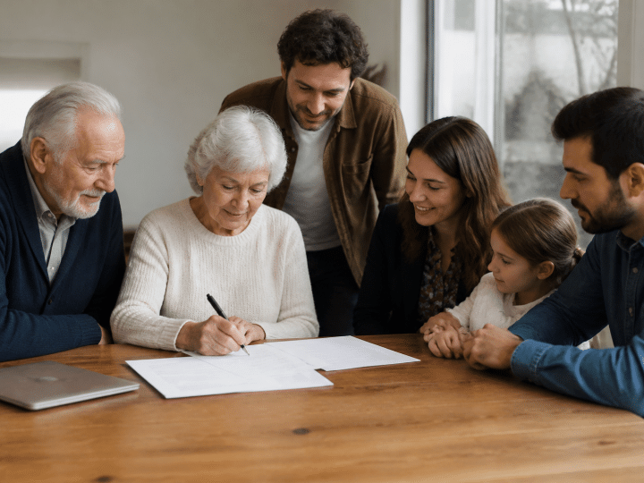 Famille multigenerationnelle assise autour table signant documents immobiliers
